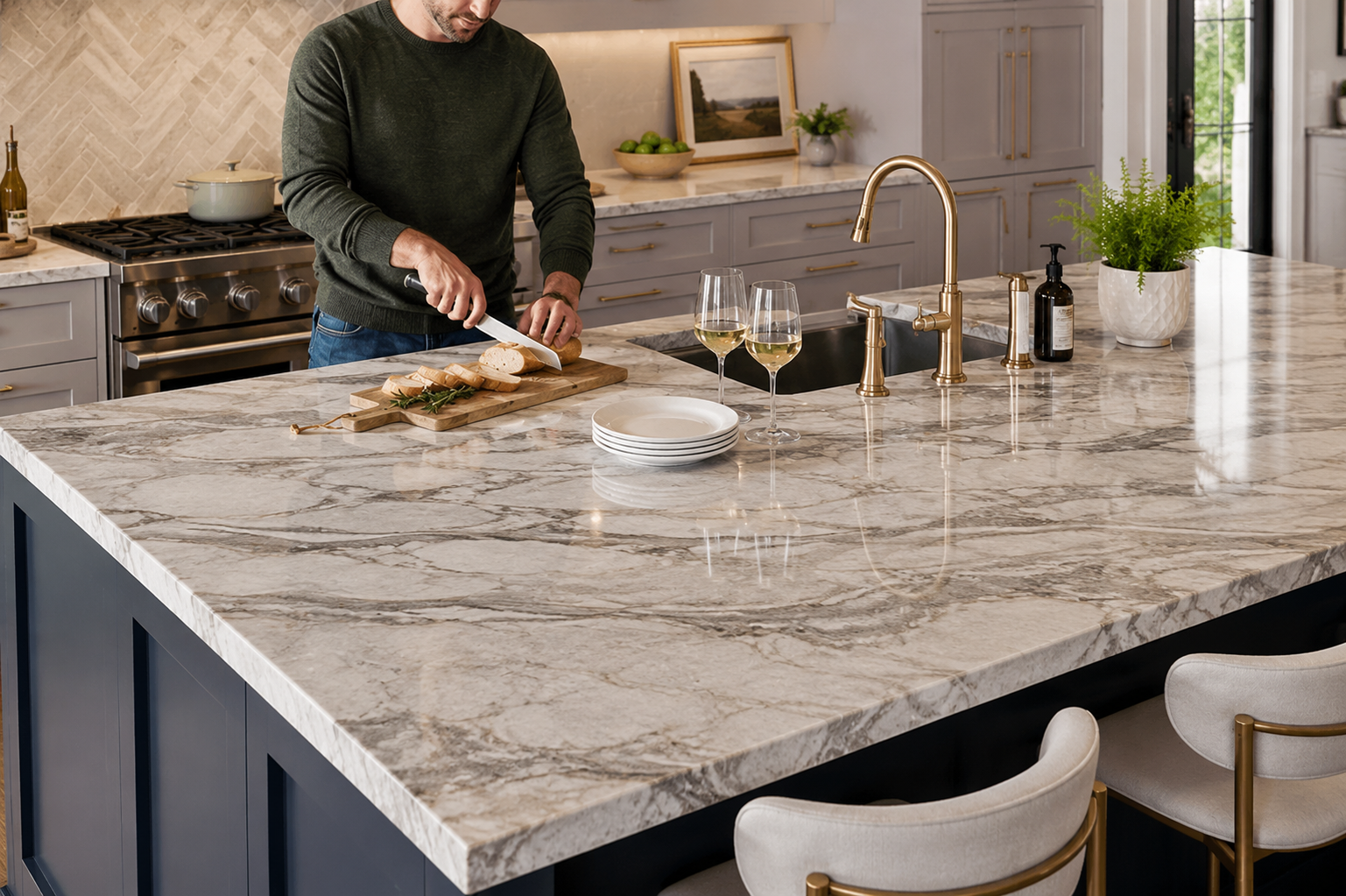 Quartz countertops in Ohio featuring a polished kitchen island and durable stone surface